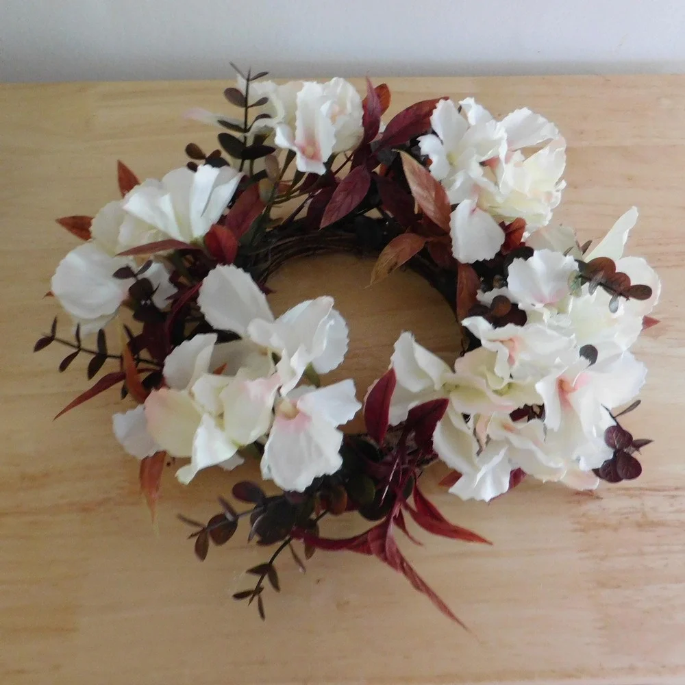 Mini Fall Candle Ring, Grapevine Wreath, Burgundy Leaves, Dried Look Hydrangeas